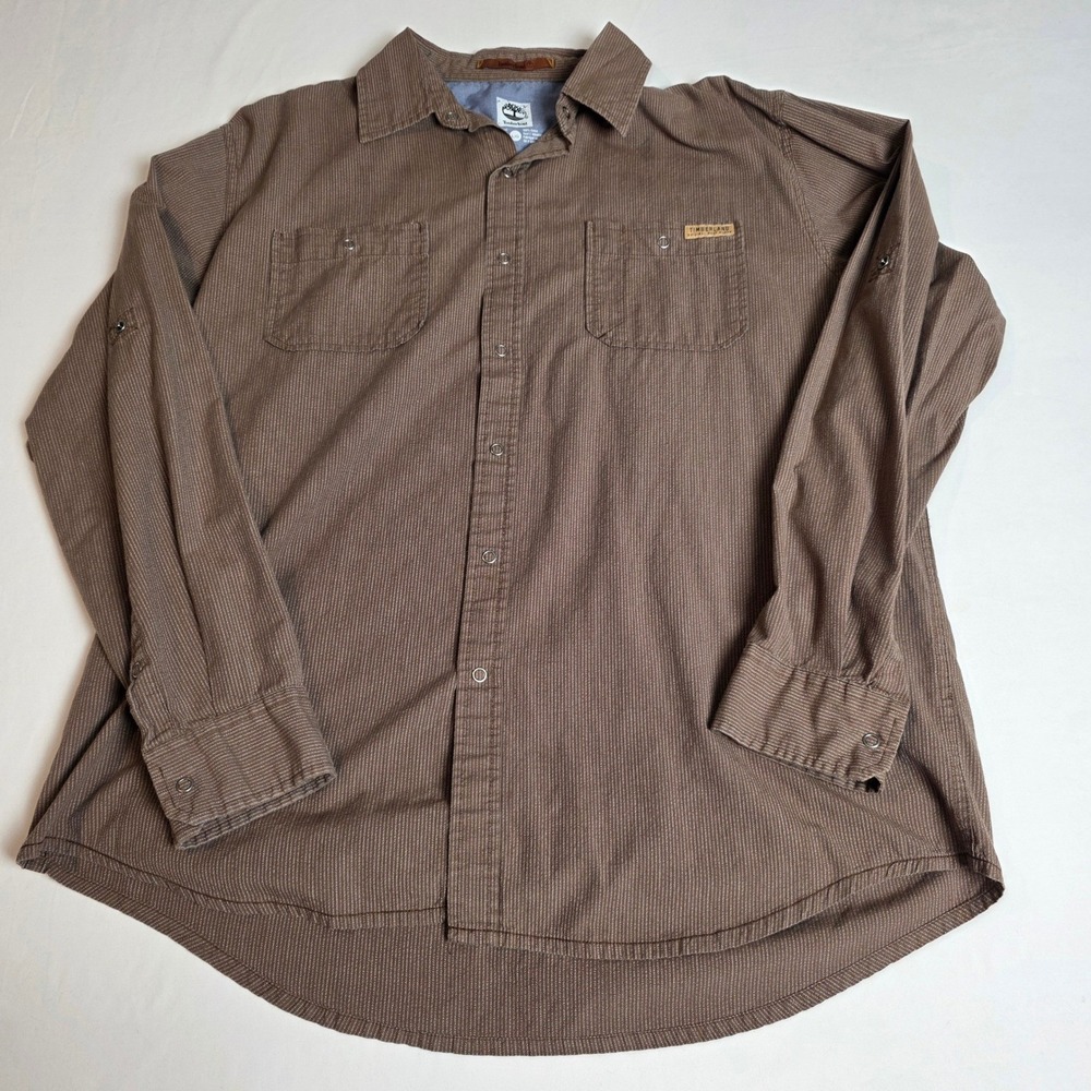 Timberland Button Down Mens Large Brown Micro Stripe Roll Tab Sleeve Snap Shirt